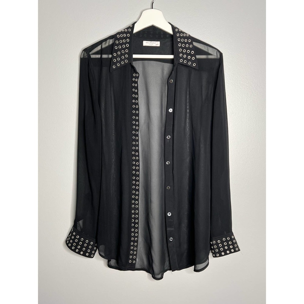 Equipment Femme Silk Sheer Black Button Down with Grommets